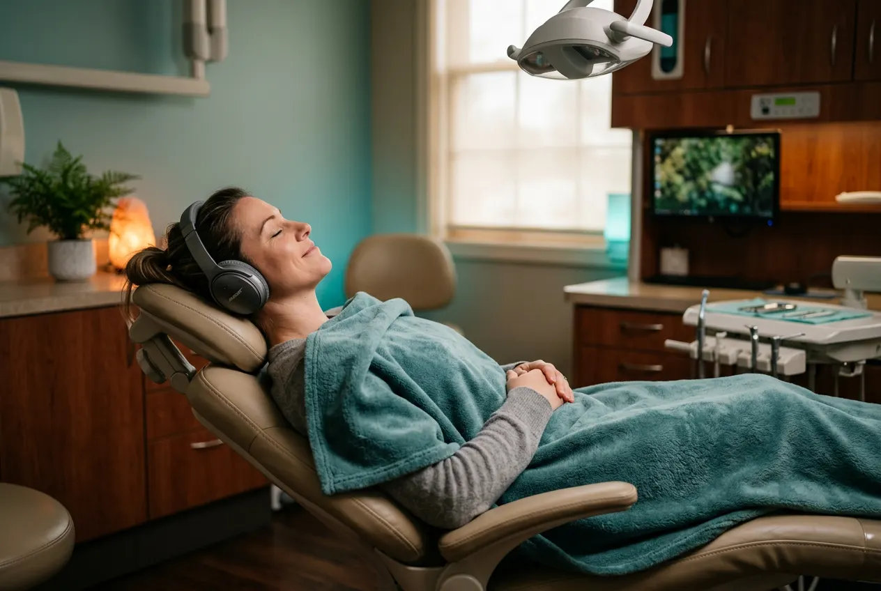 Relaxed patient in a comfortable dental chair during sedation dentistry in Lake Forest